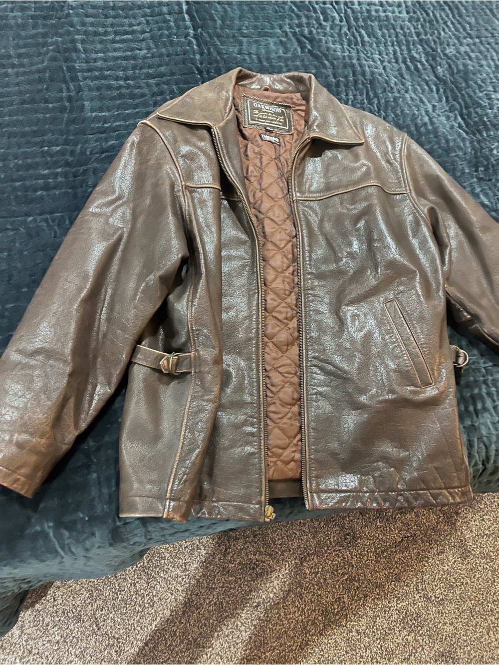 Men's Oakwood high quality Brown Leather Jacket with Quilted Lining